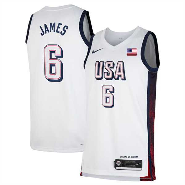 Men%27s USA Basketball #6 LeBron James White 2024 Swingman Stitched Jersey